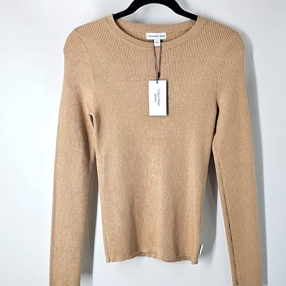 Calvin Klein Gold Metallic Crew Neck Pullover Sweater w Long Sleeves Sz:Large - Picture 1 of 8